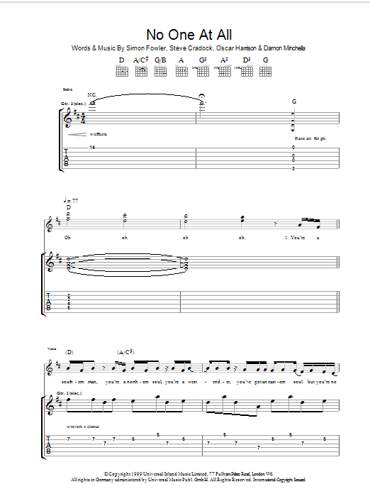 Ocean Colour Scene No One At All sheet music notes and chords arranged for Guitar Tab