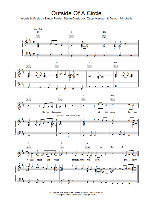 Ocean Colour Scene Outside Of A Circle sheet music notes and chords arranged for Piano, Vocal & Guitar Chords
