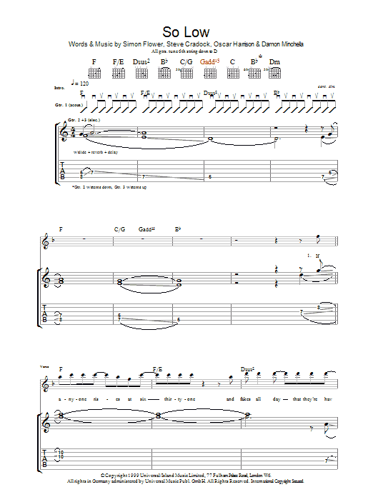 Ocean Colour Scene So Low sheet music notes and chords arranged for Guitar Tab