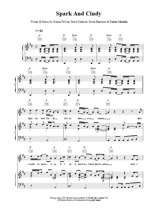 Ocean Colour Scene Sparky And Cindy sheet music notes and chords arranged for Piano, Vocal & Guitar Chords