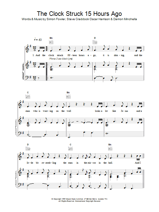 Ocean Colour Scene The Clock Struck 15 Hours Ago sheet music notes and chords arranged for Piano, Vocal & Guitar Chords