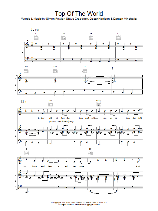 Ocean Colour Scene Top Of The World sheet music notes and chords arranged for Piano, Vocal & Guitar Chords