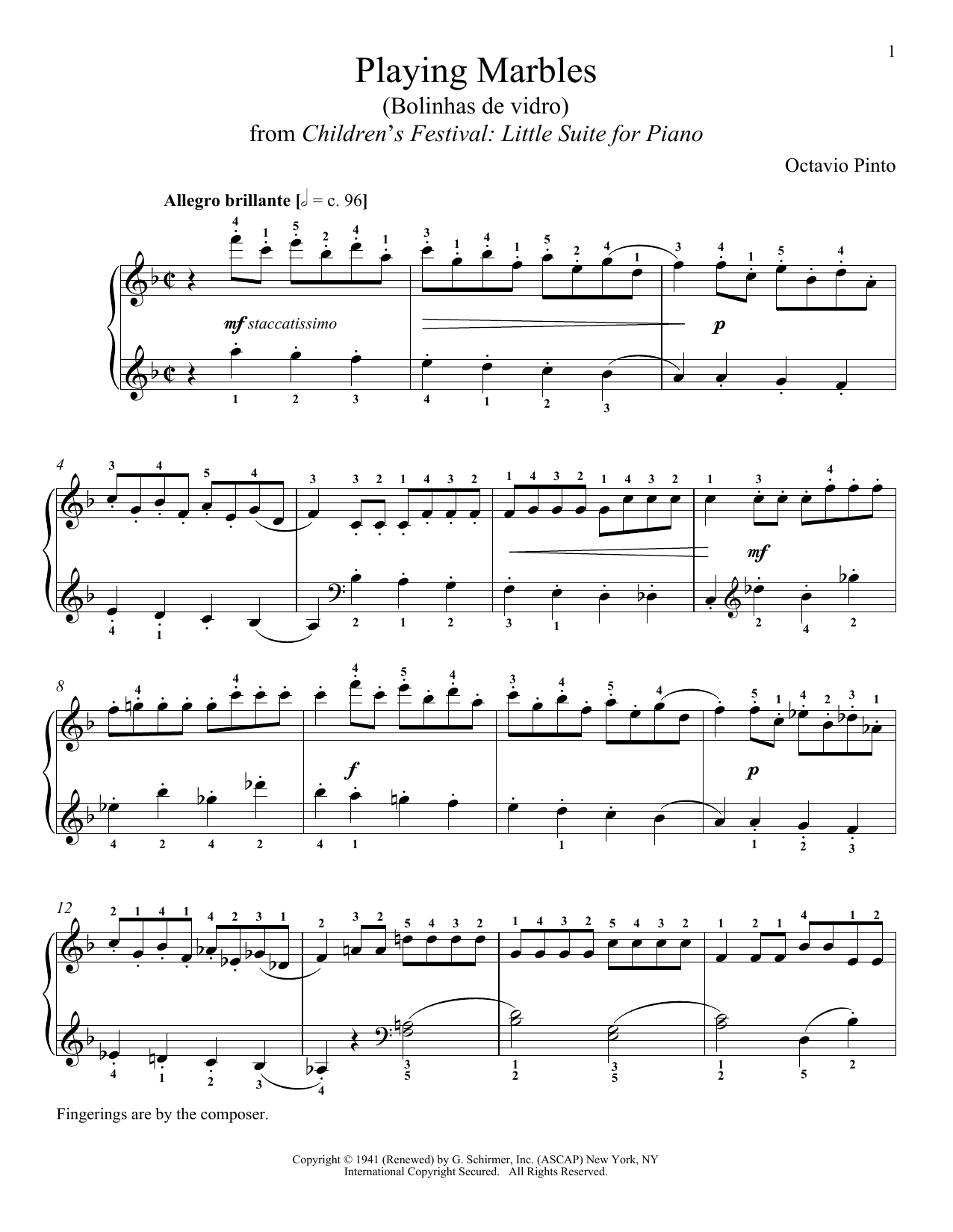Octavio Pinto Playing Marbles sheet music notes and chords arranged for Piano Solo