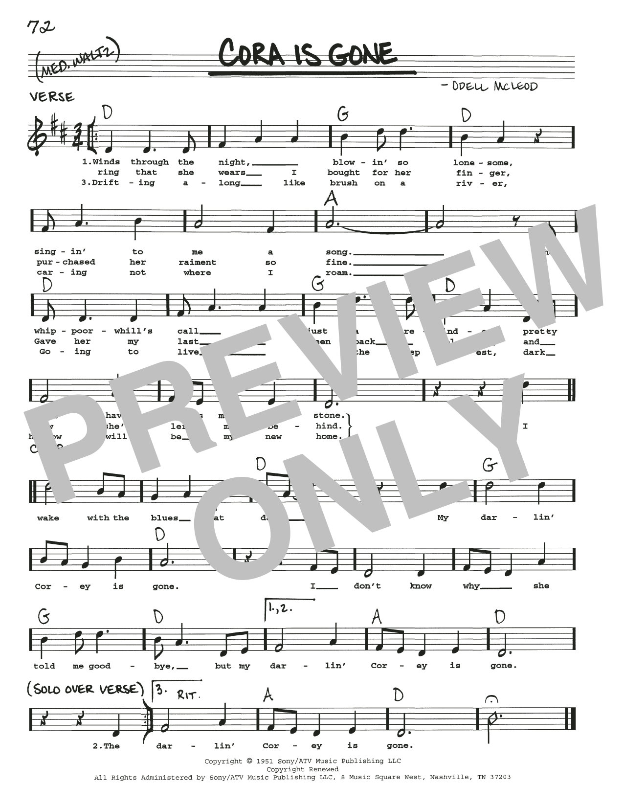 Odell McLeod Cora Is Gone sheet music notes and chords arranged for Real Book – Melody, Lyrics & Chords