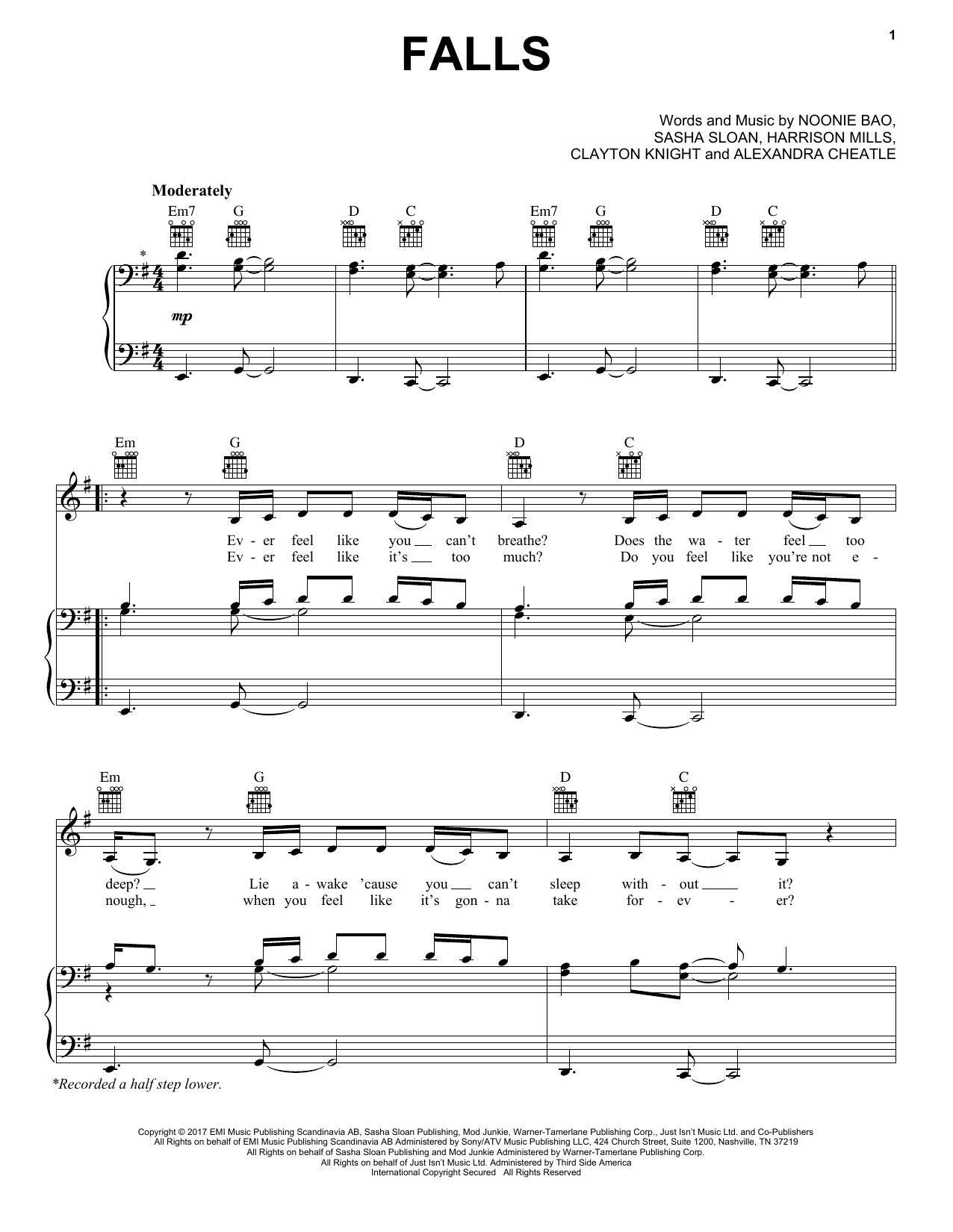 ODESZA Falls (Feat. Sasha Sloan) sheet music notes and chords arranged for Piano, Vocal & Guitar Chords (Right-Hand Melody)