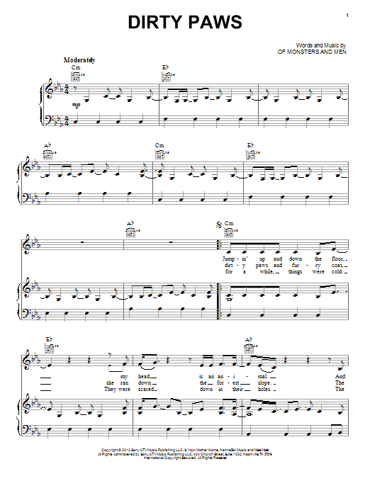 Of Monsters And Men Dirty Paws sheet music notes and chords arranged for Piano, Vocal & Guitar Chords (Right-Hand Melody)