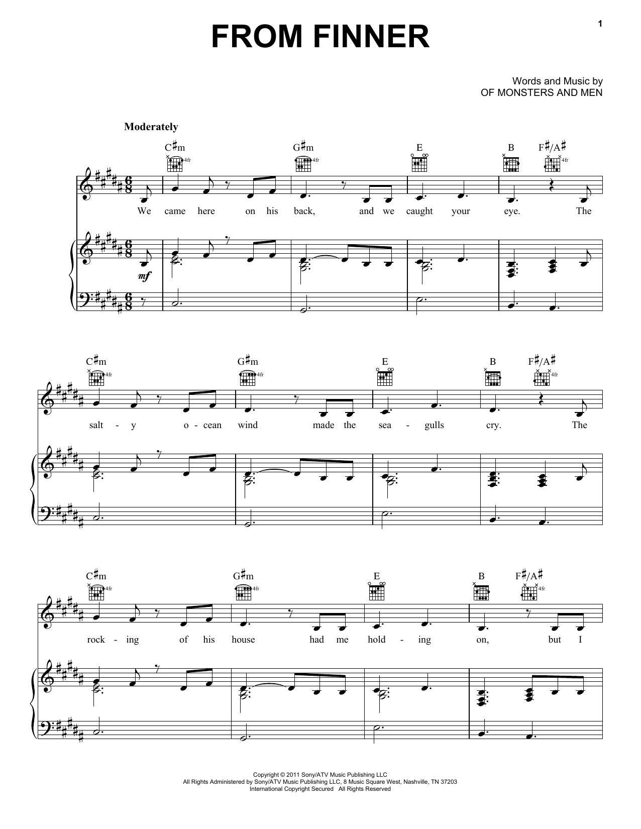 Of Monsters And Men From Finner sheet music notes and chords arranged for Piano, Vocal & Guitar Chords (Right-Hand Melody)