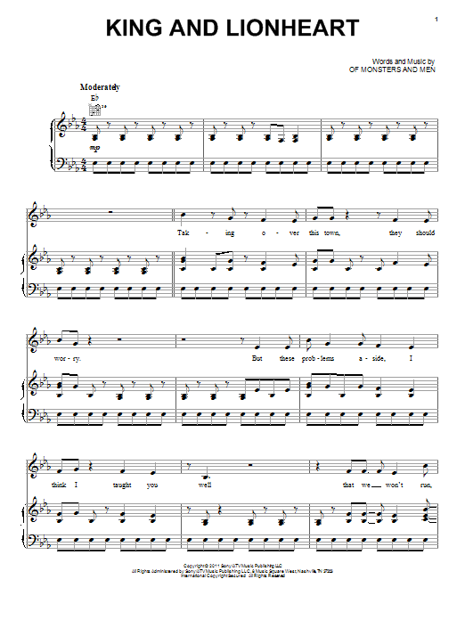 Of Monsters And Men King And Lionheart sheet music notes and chords arranged for Piano, Vocal & Guitar Chords (Right-Hand Melody)
