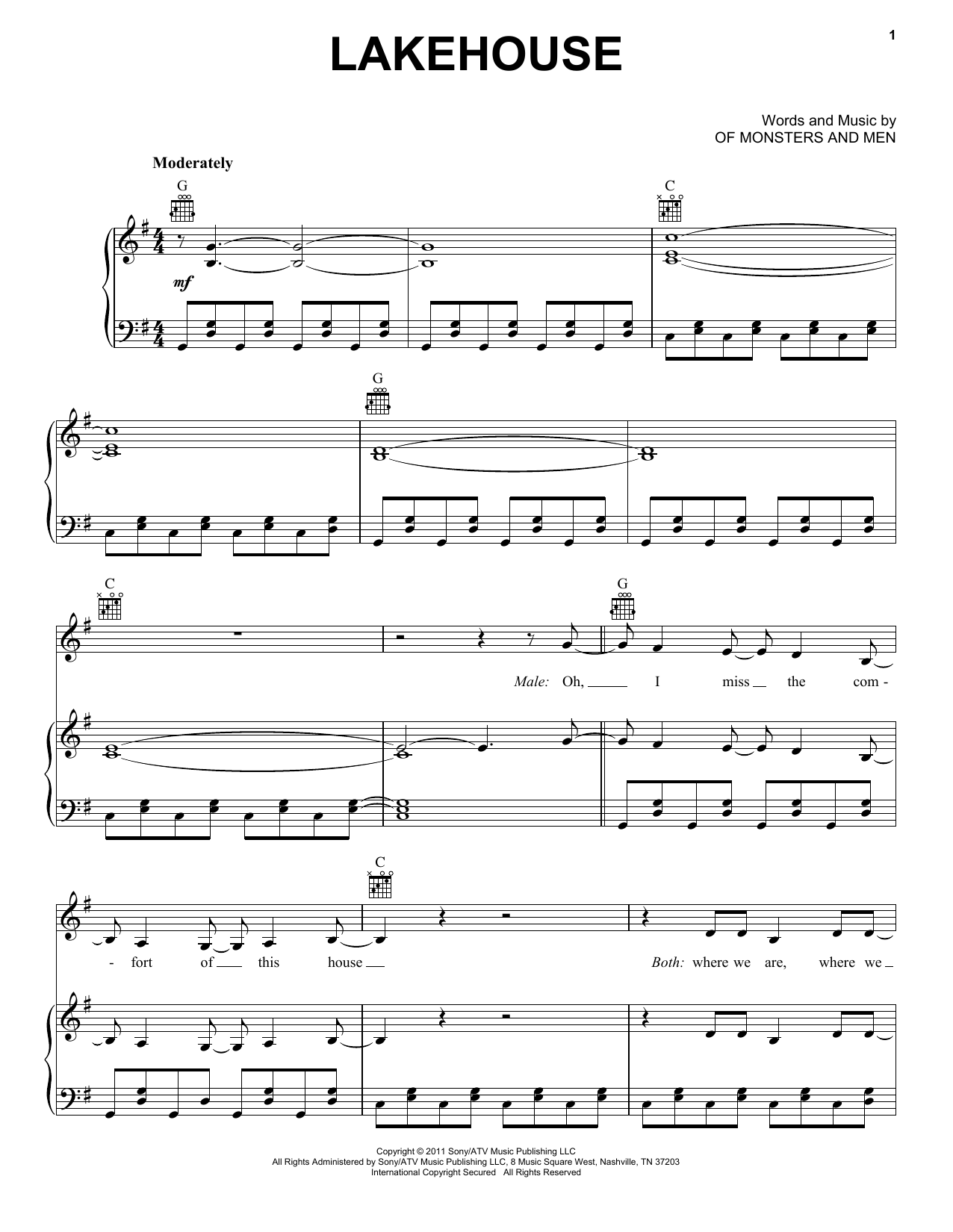 Of Monsters And Men Lakehouse sheet music notes and chords arranged for Piano, Vocal & Guitar Chords (Right-Hand Melody)