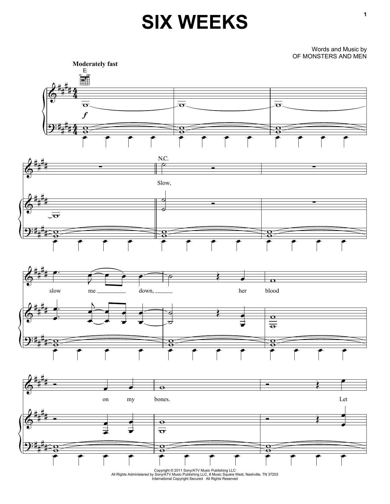 Of Monsters And Men Six Weeks sheet music notes and chords arranged for Piano, Vocal & Guitar Chords (Right-Hand Melody)