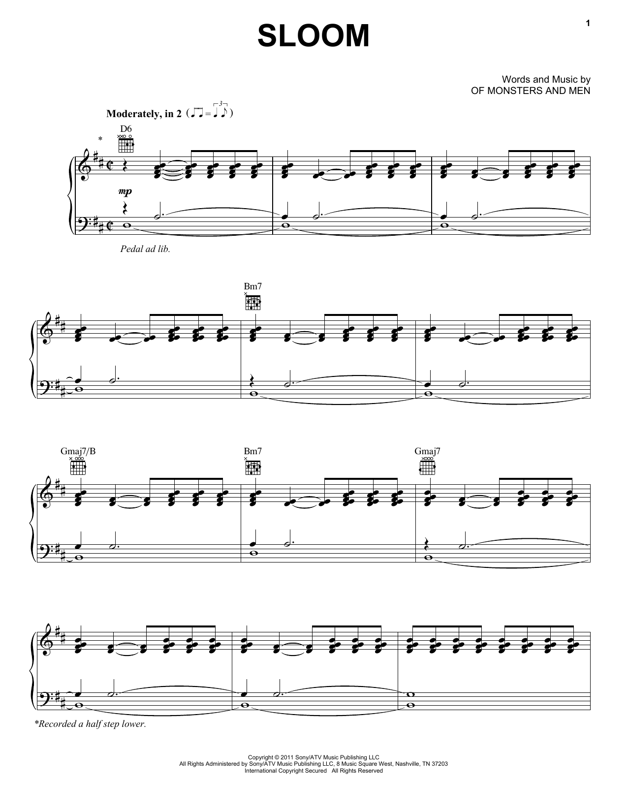 Of Monsters And Men Sloom sheet music notes and chords arranged for Piano, Vocal & Guitar Chords (Right-Hand Melody)