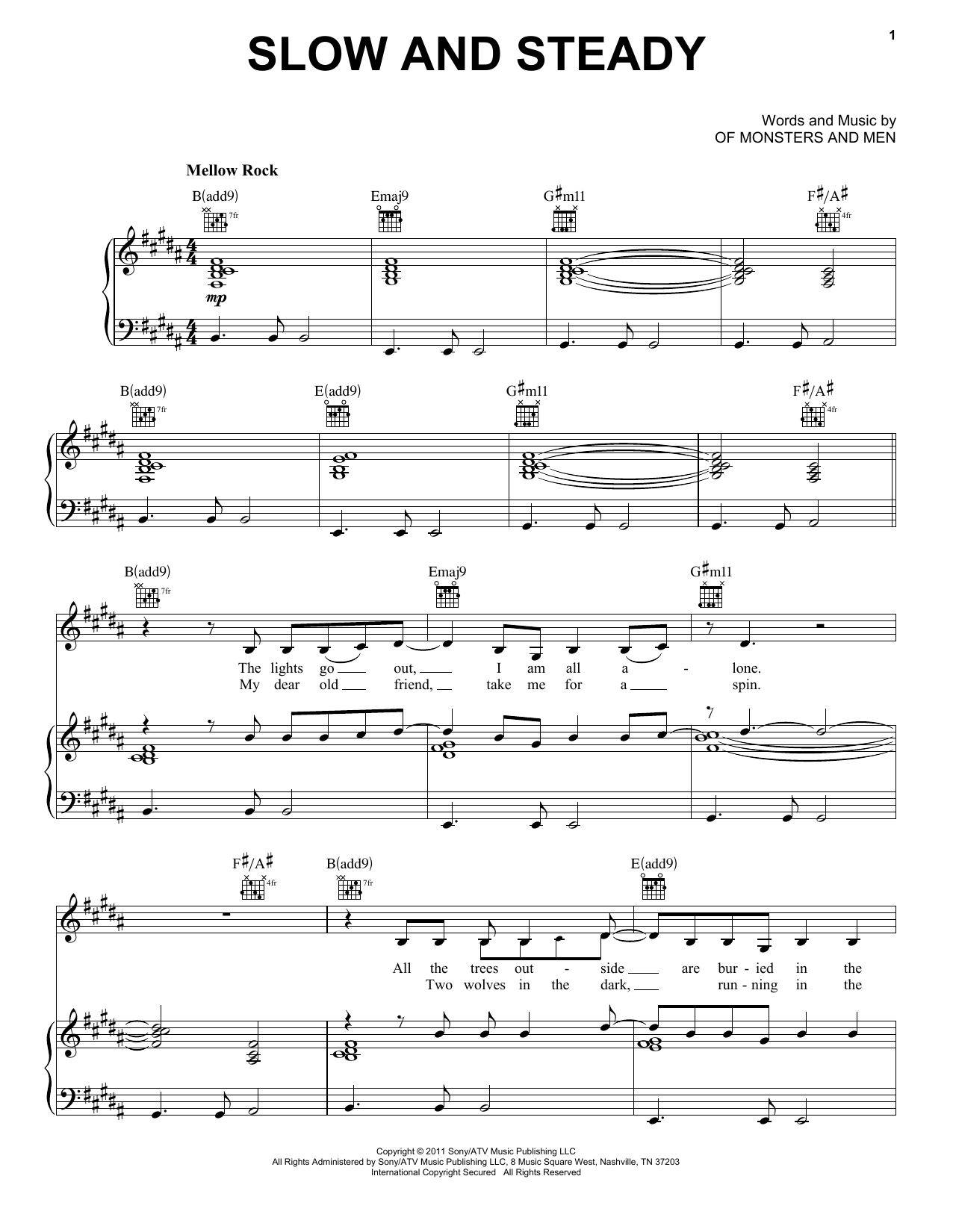 Of Monsters And Men Slow And Steady sheet music notes and chords arranged for Piano, Vocal & Guitar Chords (Right-Hand Melody)