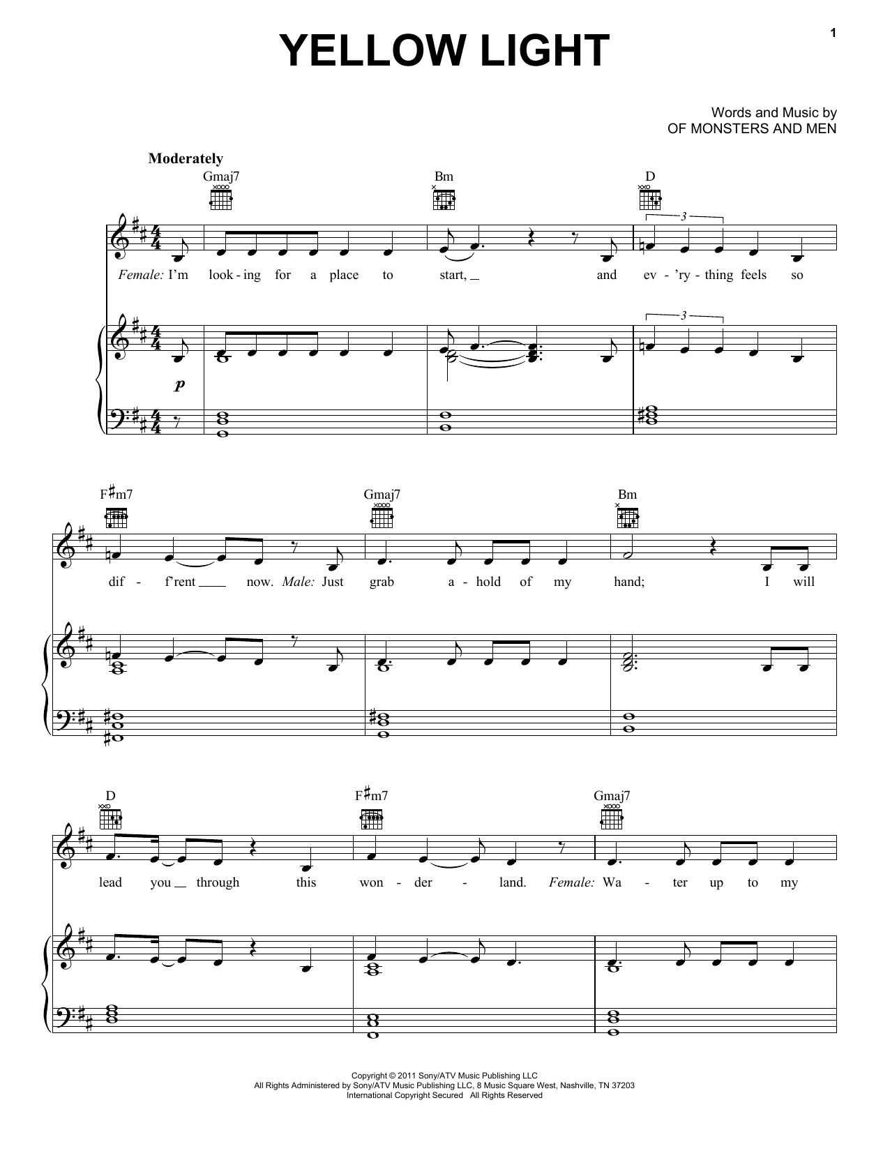 Of Monsters And Men Yellow Light sheet music notes and chords arranged for Piano, Vocal & Guitar Chords (Right-Hand Melody)