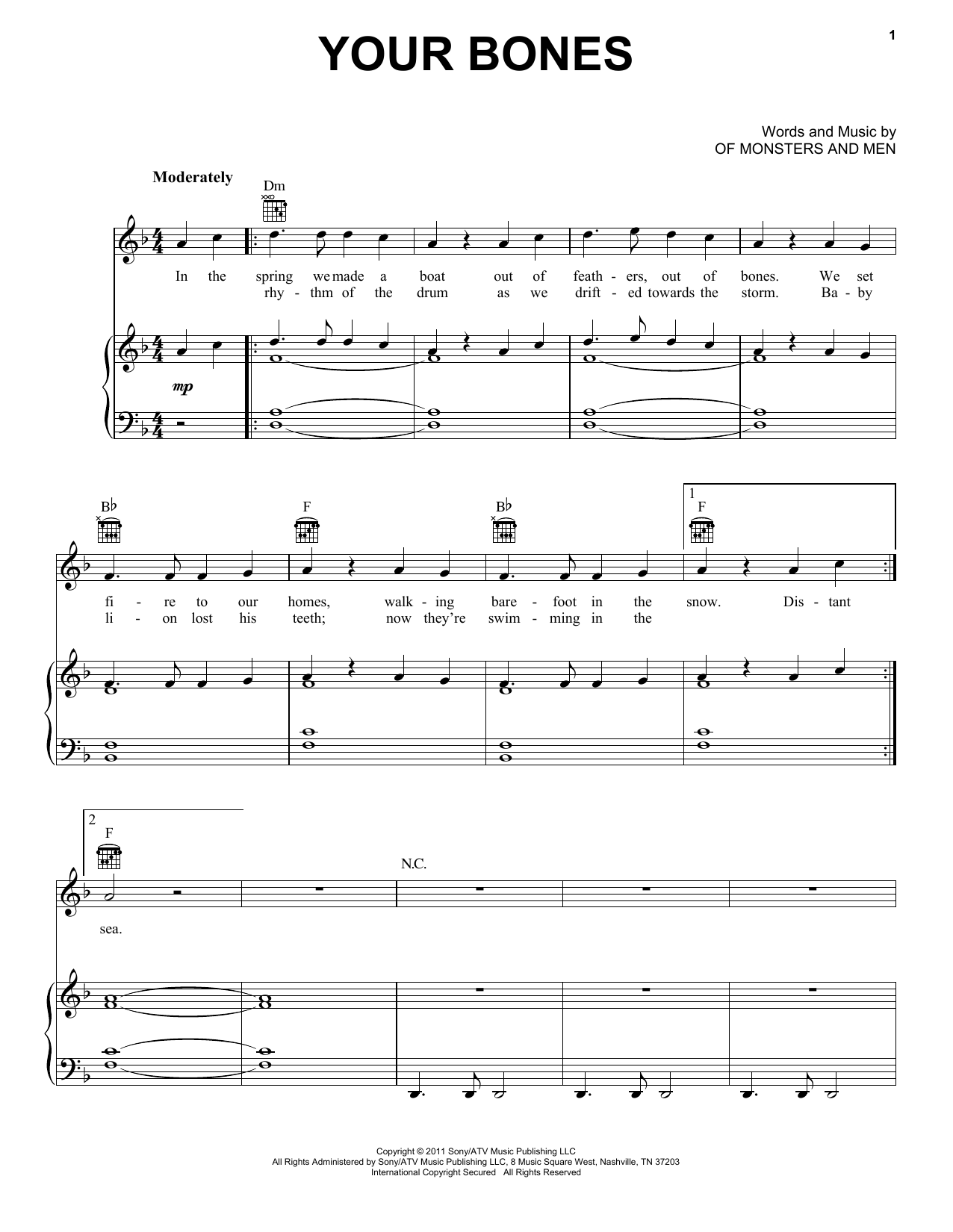 Of Monsters And Men Your Bones sheet music notes and chords arranged for Piano, Vocal & Guitar Chords (Right-Hand Melody)