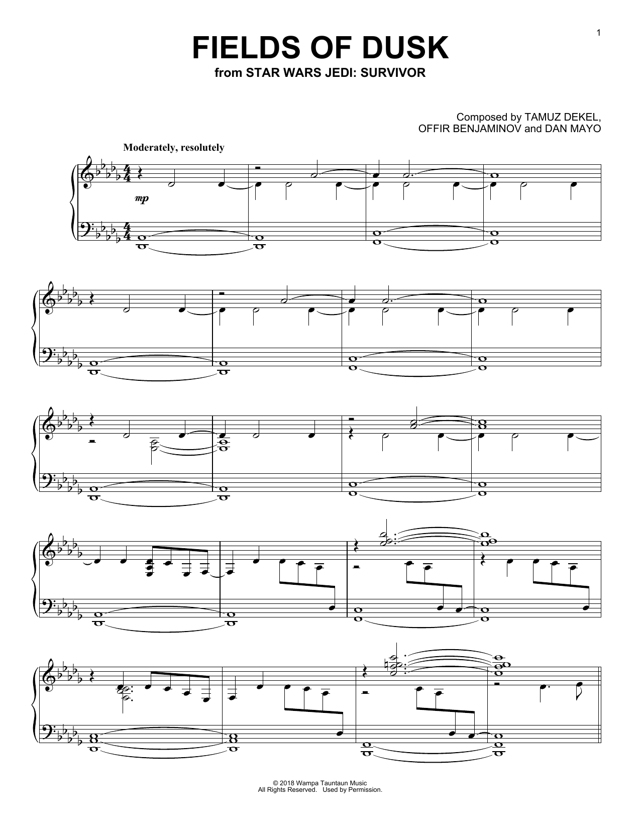 Offir Benjaminov Fields Of Dusk (from Star Wars Jedi: Survivor) sheet music notes and chords arranged for Easy Piano Solo