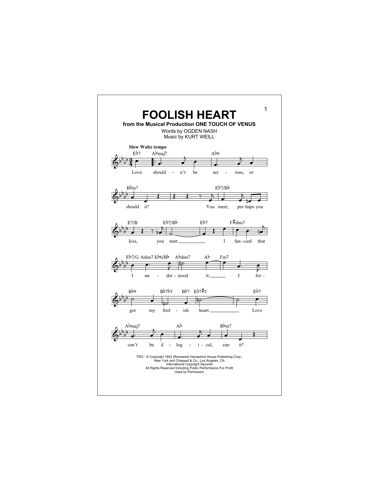Ogden Nash Foolish Heart sheet music notes and chords arranged for Lead Sheet / Fake Book