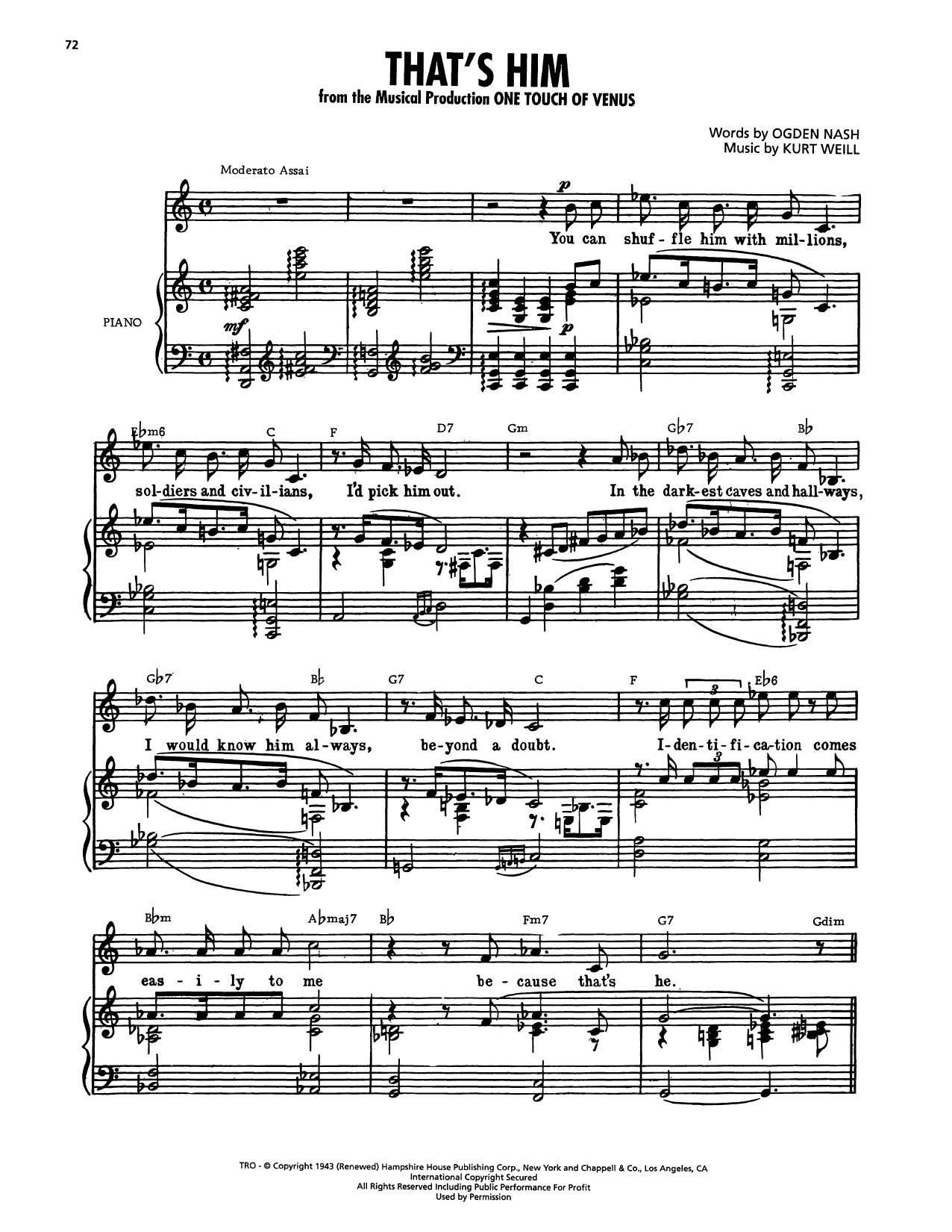 Ogden Nash That's Him (from One Touch Of Venus) sheet music notes and chords arranged for Piano, Vocal & Guitar Chords (Right-Hand Melody)