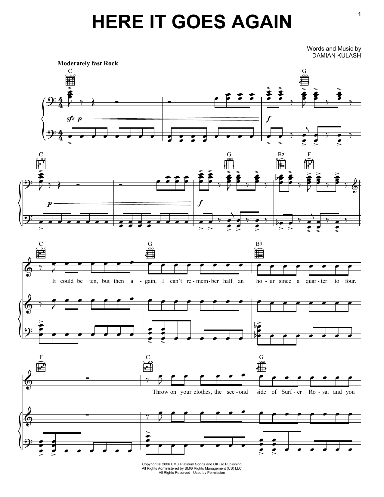 OK Go Here It Goes Again sheet music notes and chords arranged for Piano, Vocal & Guitar Chords (Right-Hand Melody)