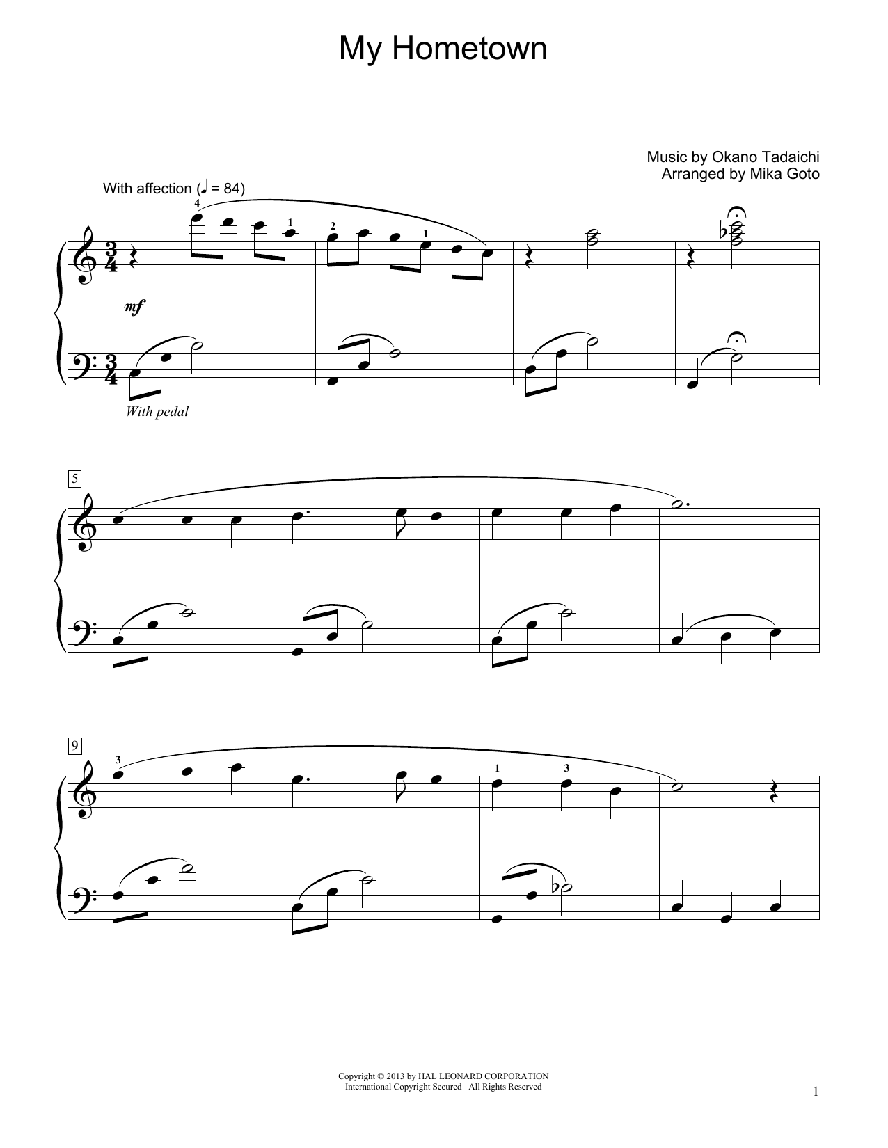Okano Tadaichi My Hometown (arr. Mika Goto) sheet music notes and chords arranged for Educational Piano