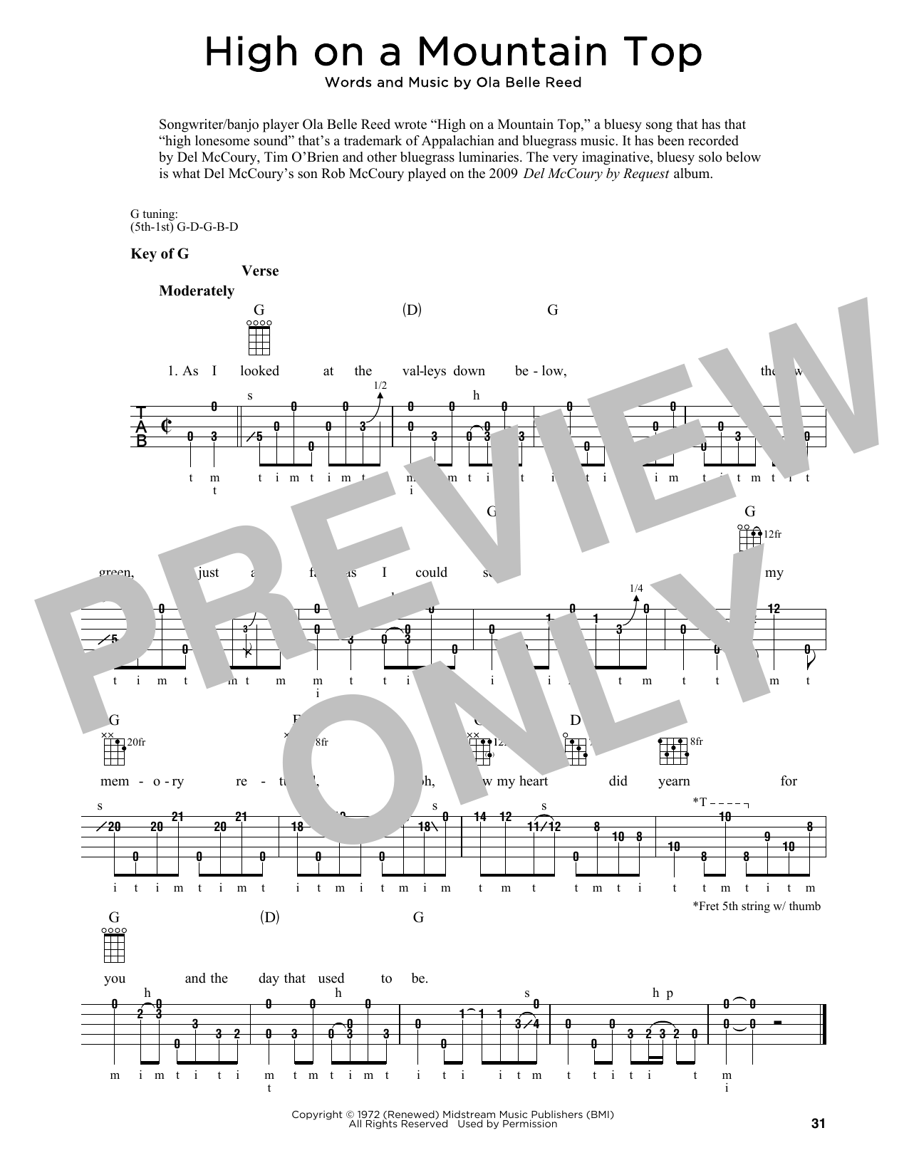 Ola Belle Reed High On A Mountain Top (arr. Fred Sokolow) sheet music notes and chords arranged for Banjo Tab