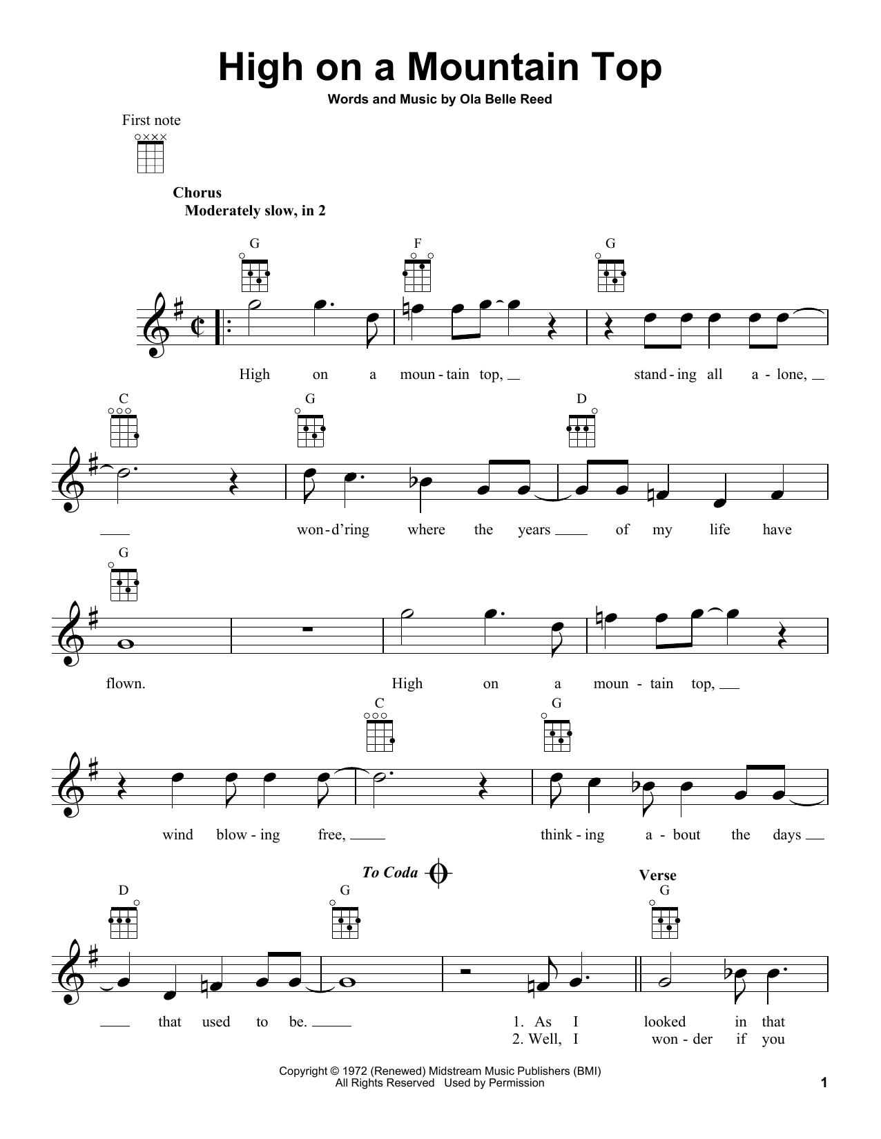 Ola Belle Reed High On A Mountain Top sheet music notes and chords arranged for Ukulele
