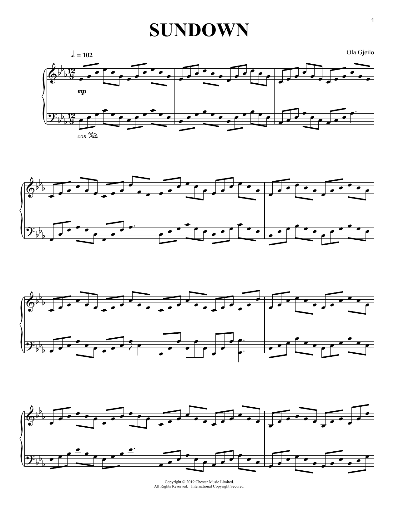 Ola Gjeilo Sundown sheet music notes and chords arranged for Piano Solo