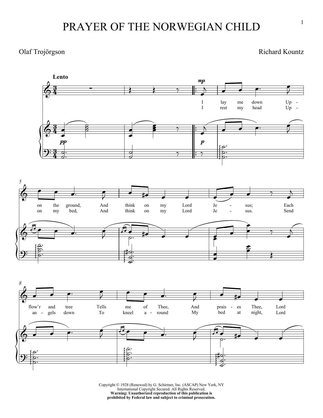 Olaf Trojargson Prayer Of The Norwegian Child sheet music notes and chords arranged for Piano & Vocal
