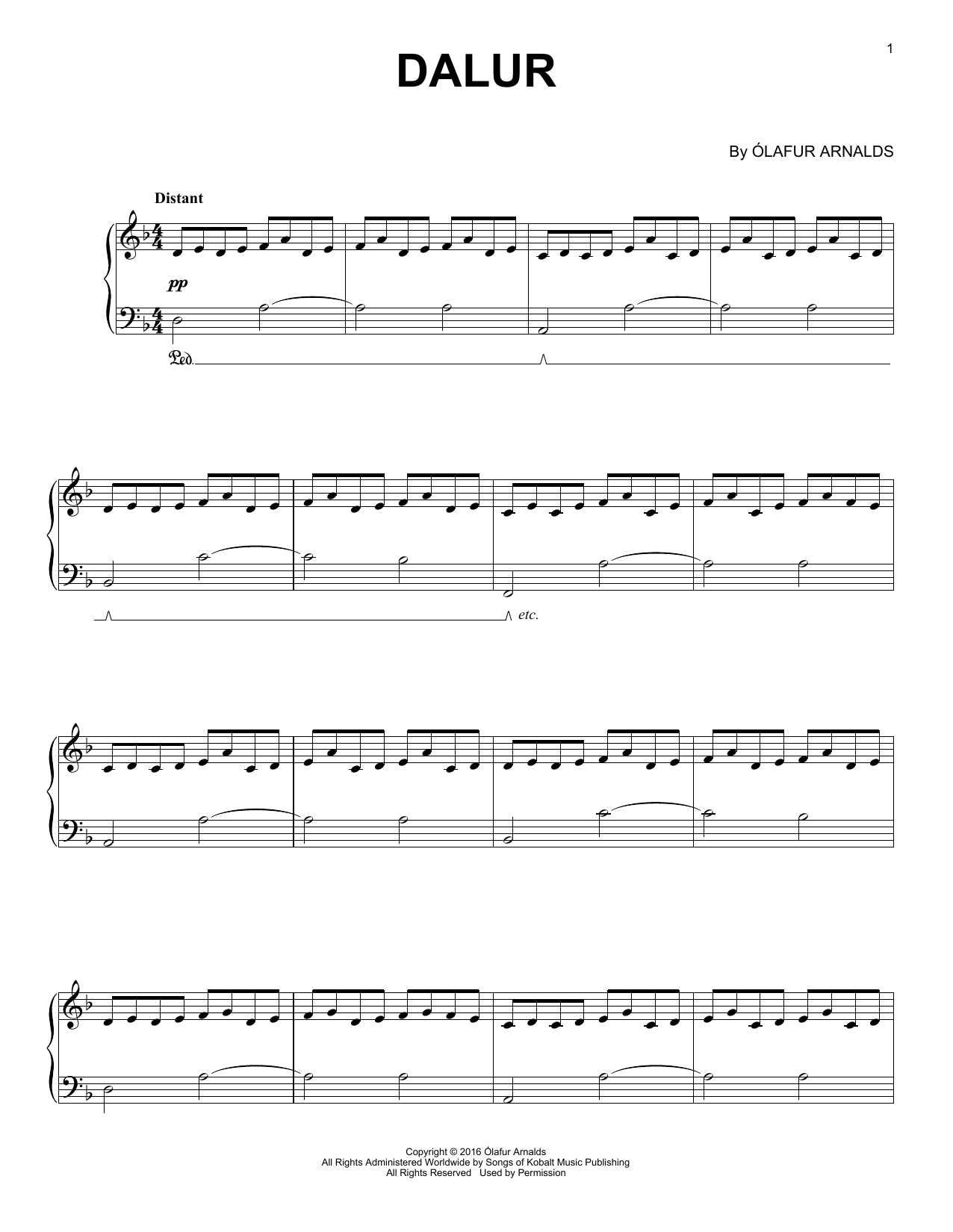 Ólafur Arnalds Dalur sheet music notes and chords arranged for Piano Solo