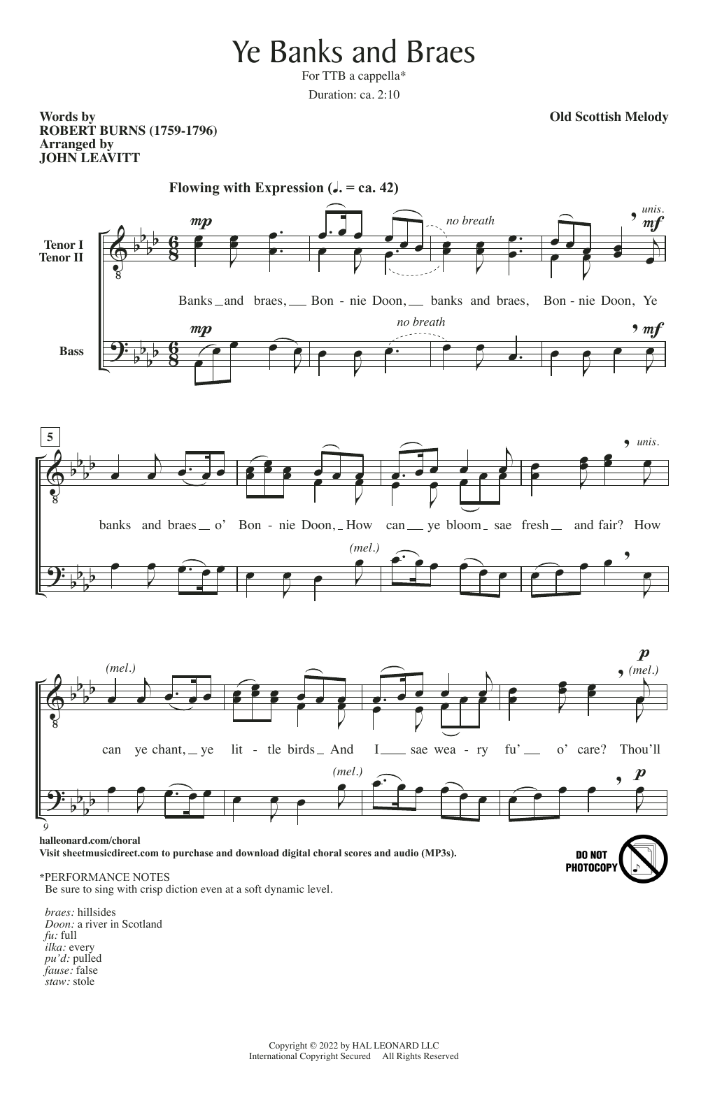 Old Scottish Melody Ye Banks And Braes (arr. John Leavitt) sheet music notes and chords arranged for TTB Choir