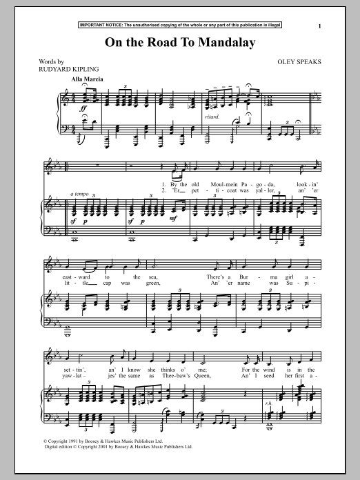 Oley Speaks On the Road To Mandalay sheet music notes and chords arranged for Piano & Vocal