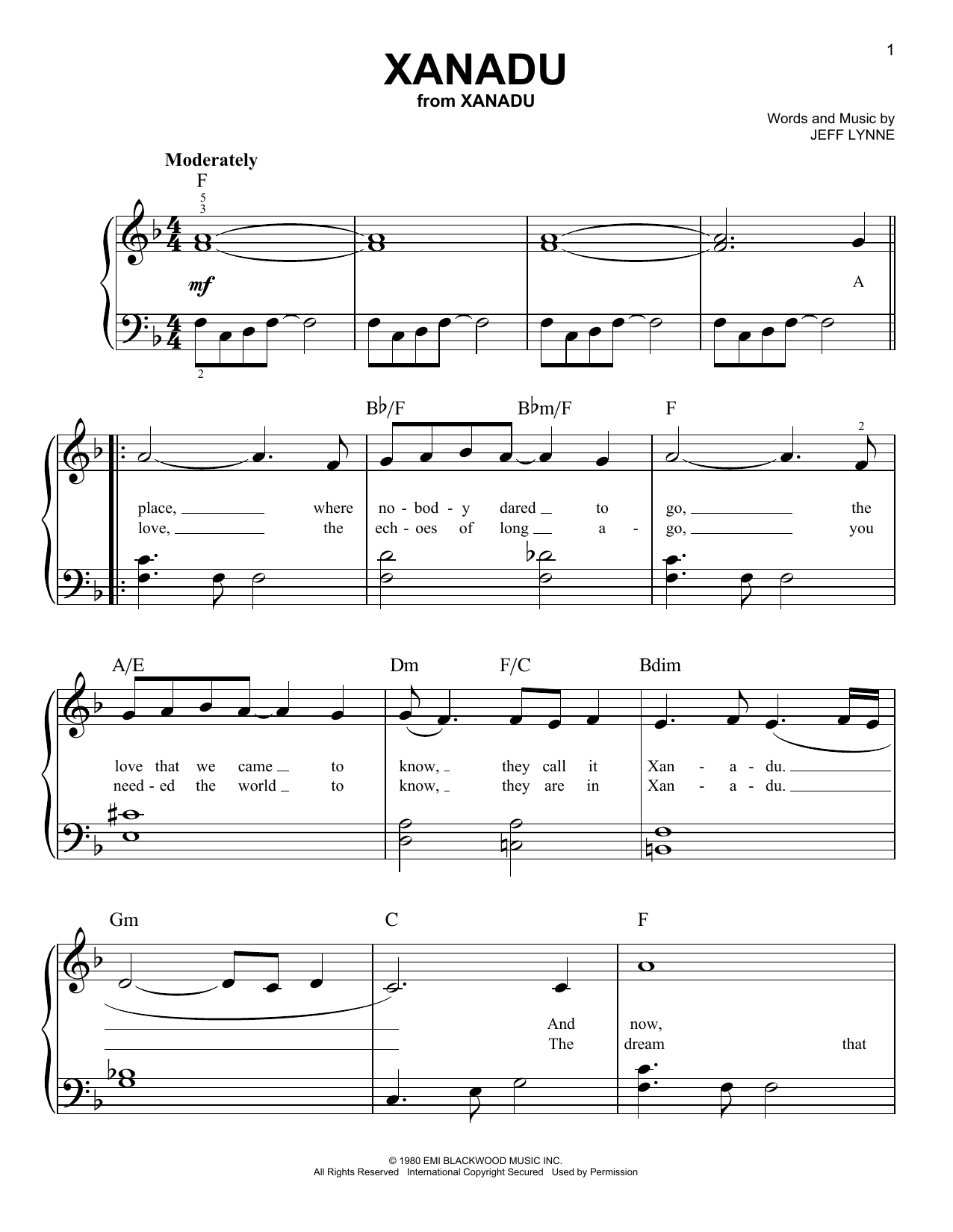 Oliva Newton-John/Electric Light Orchestra Xanadu sheet music notes and chords arranged for Very Easy Piano