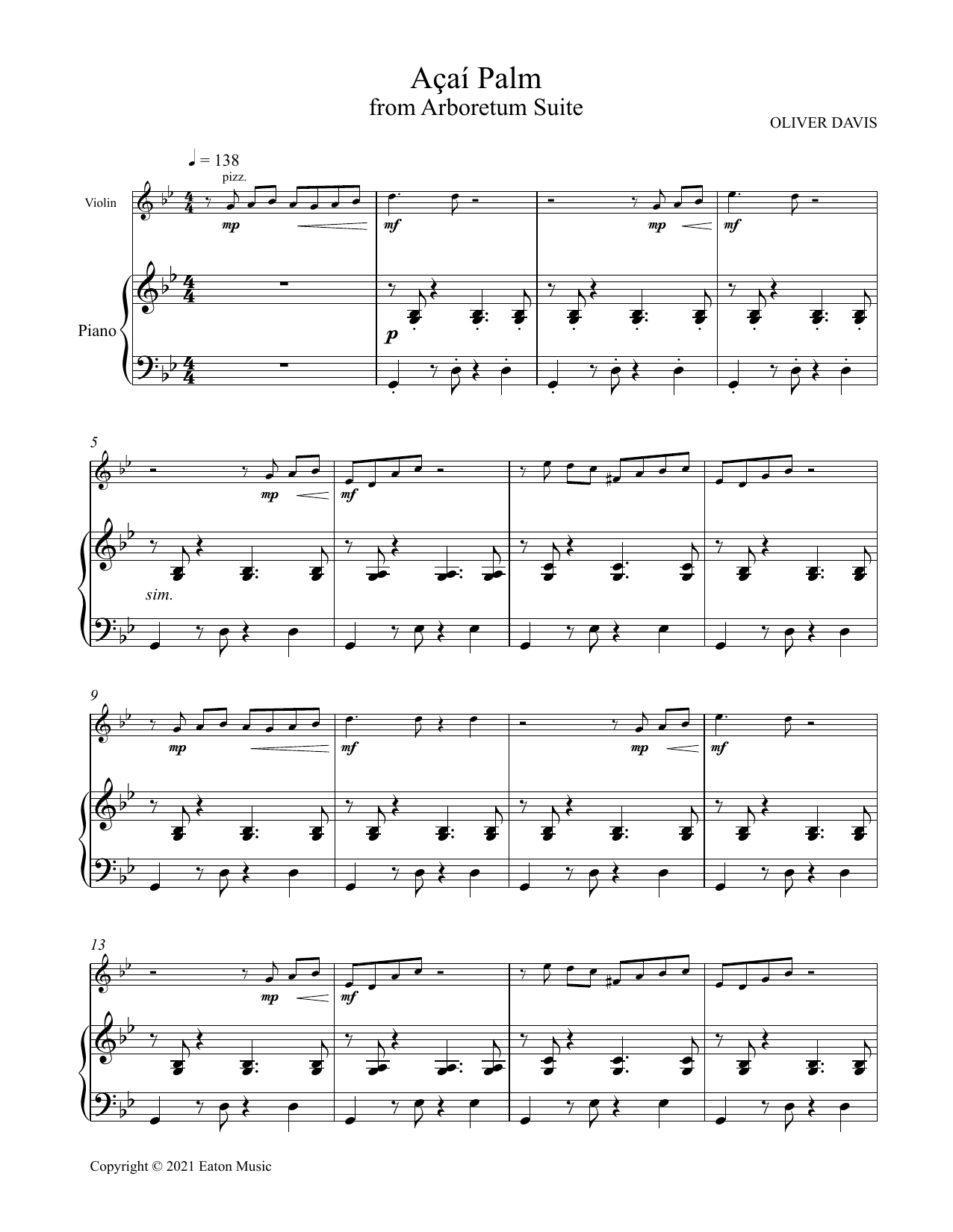 Oliver Davis Açai Palm sheet music notes and chords arranged for Violin and Piano