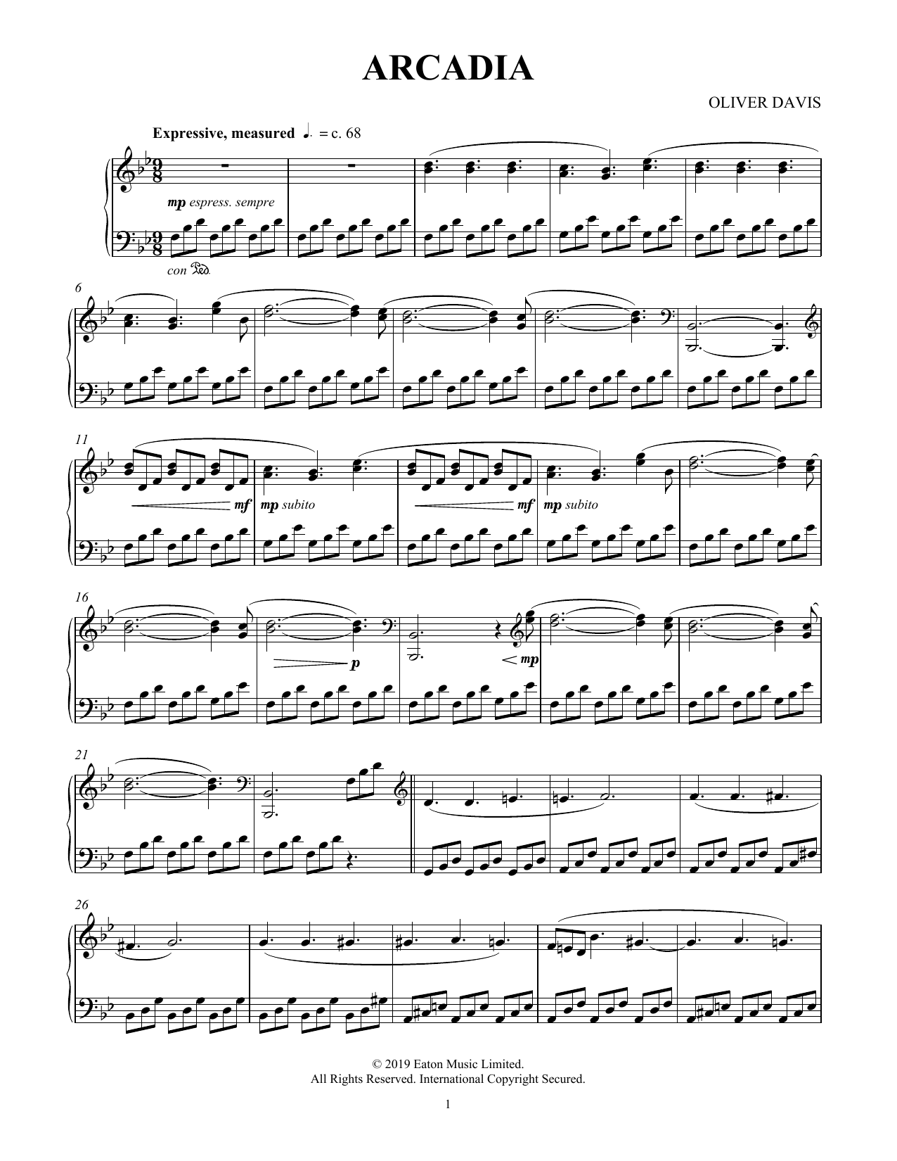 Oliver Davis Arcadia sheet music notes and chords arranged for Piano Solo