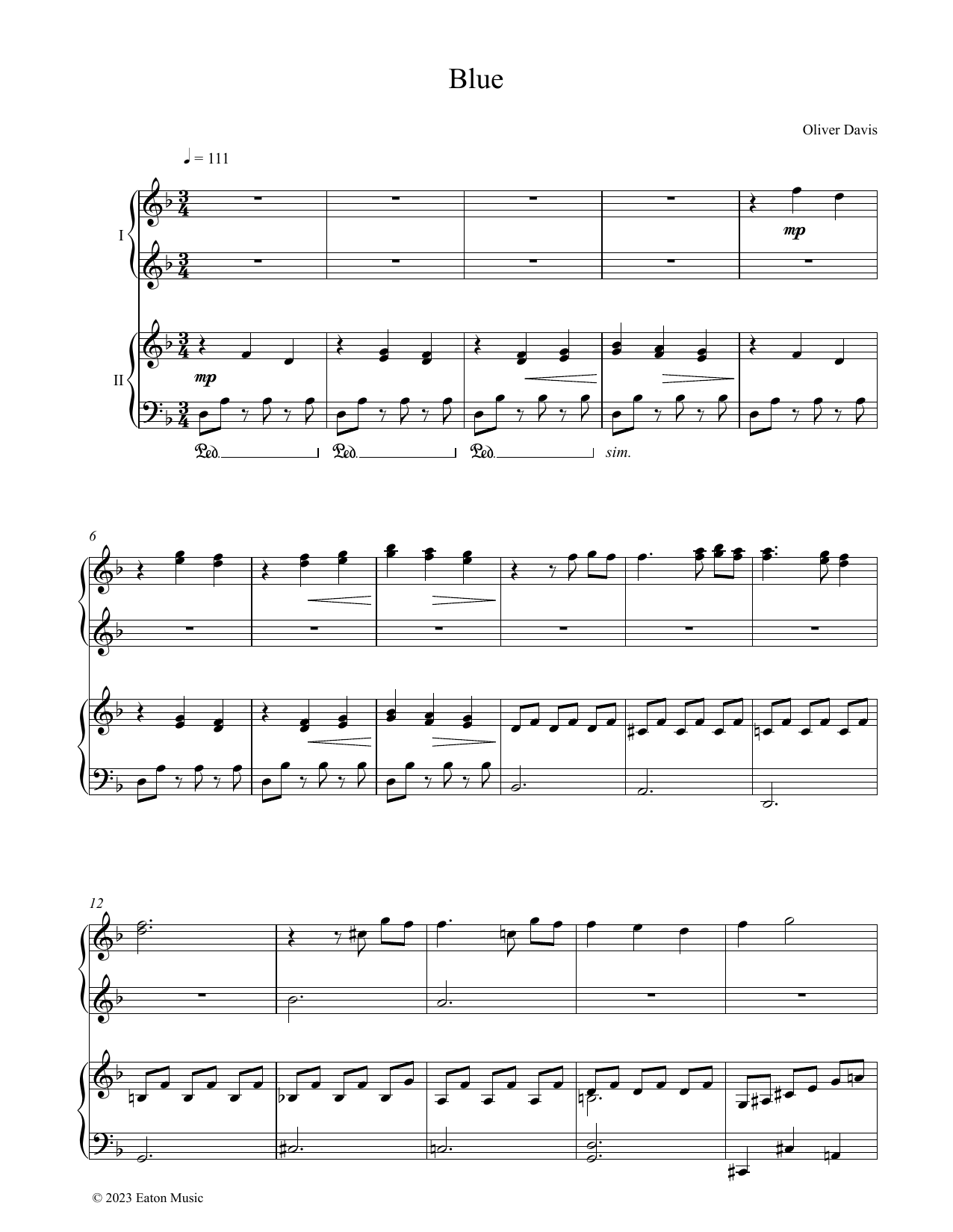 Oliver Davis Blue sheet music notes and chords arranged for Piano Duet