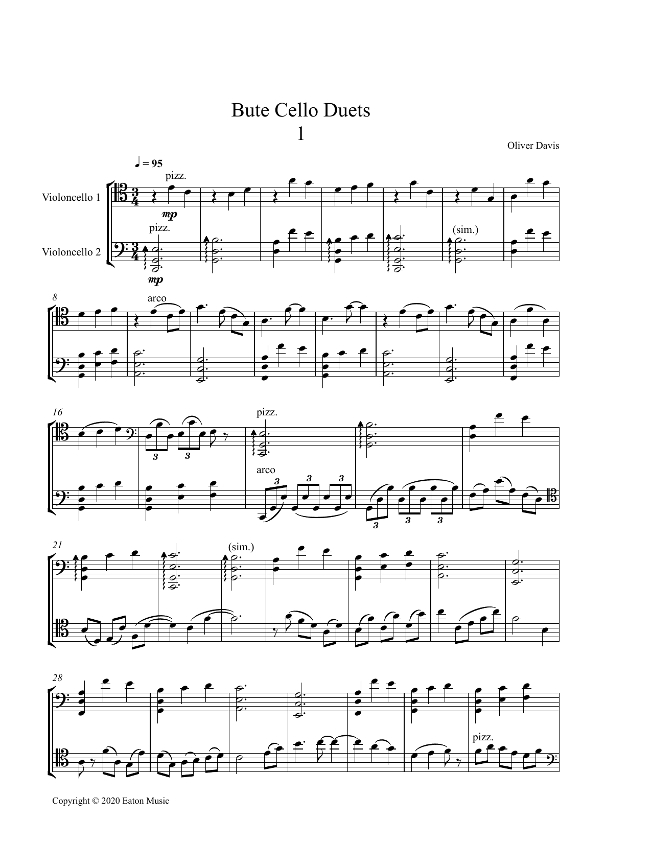 Oliver Davis Bute Cello Duets sheet music notes and chords arranged for Cello Duet