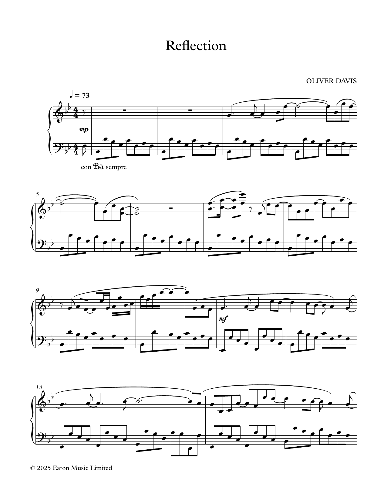 Oliver Davis Reflection sheet music notes and chords arranged for Piano Solo
