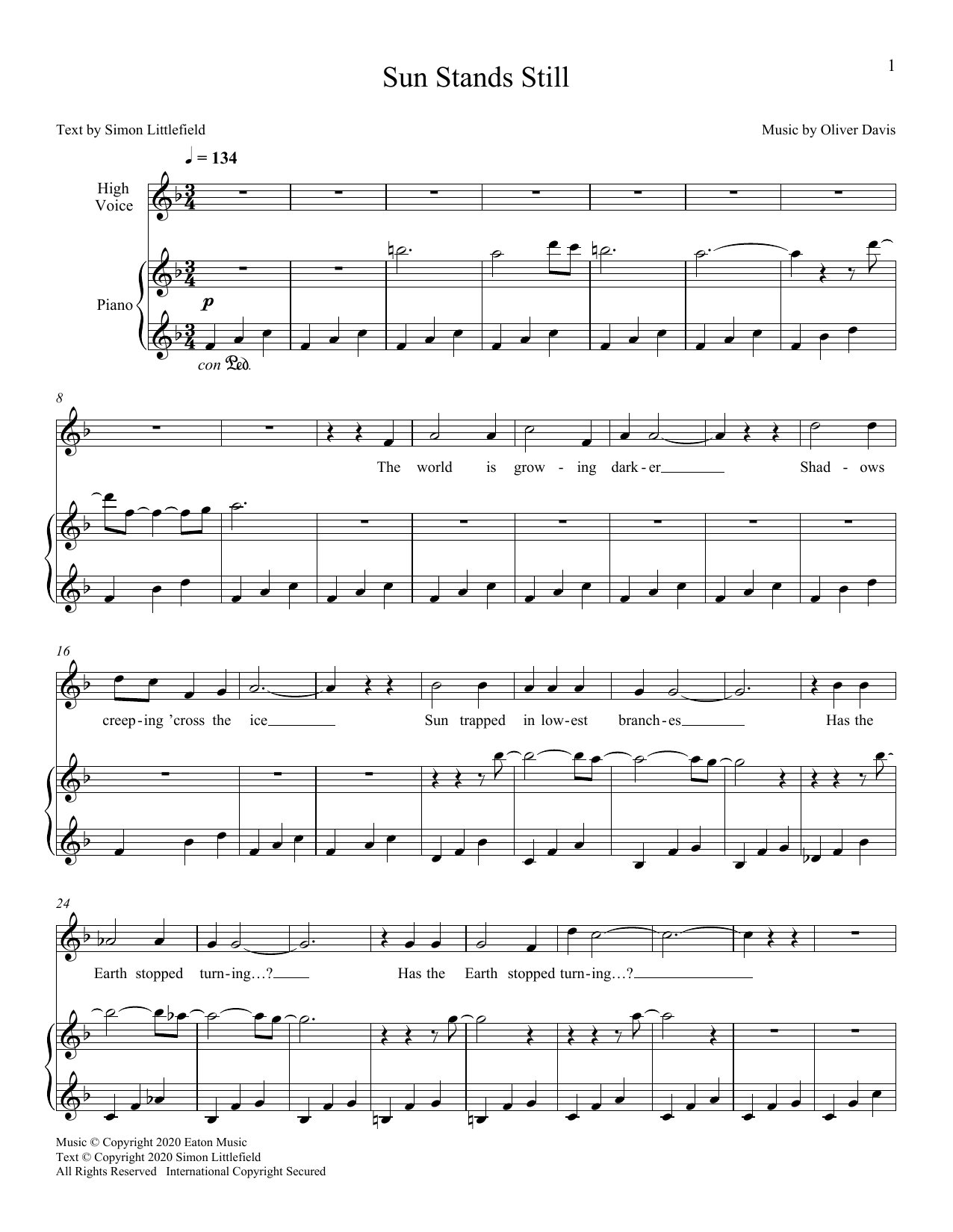 Oliver Davis Sun Stands Still sheet music notes and chords arranged for Piano & Vocal