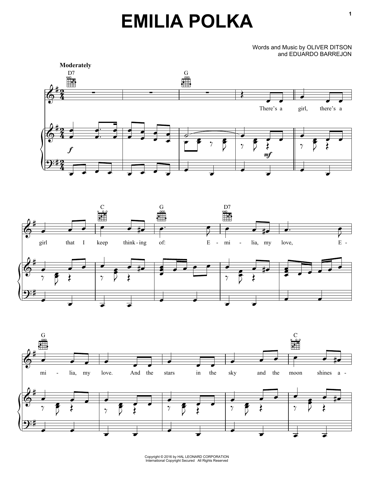Oliver Ditson & Eduardo Barrejon Emilia Polka sheet music notes and chords arranged for Piano, Vocal & Guitar Chords (Right-Hand Melody)