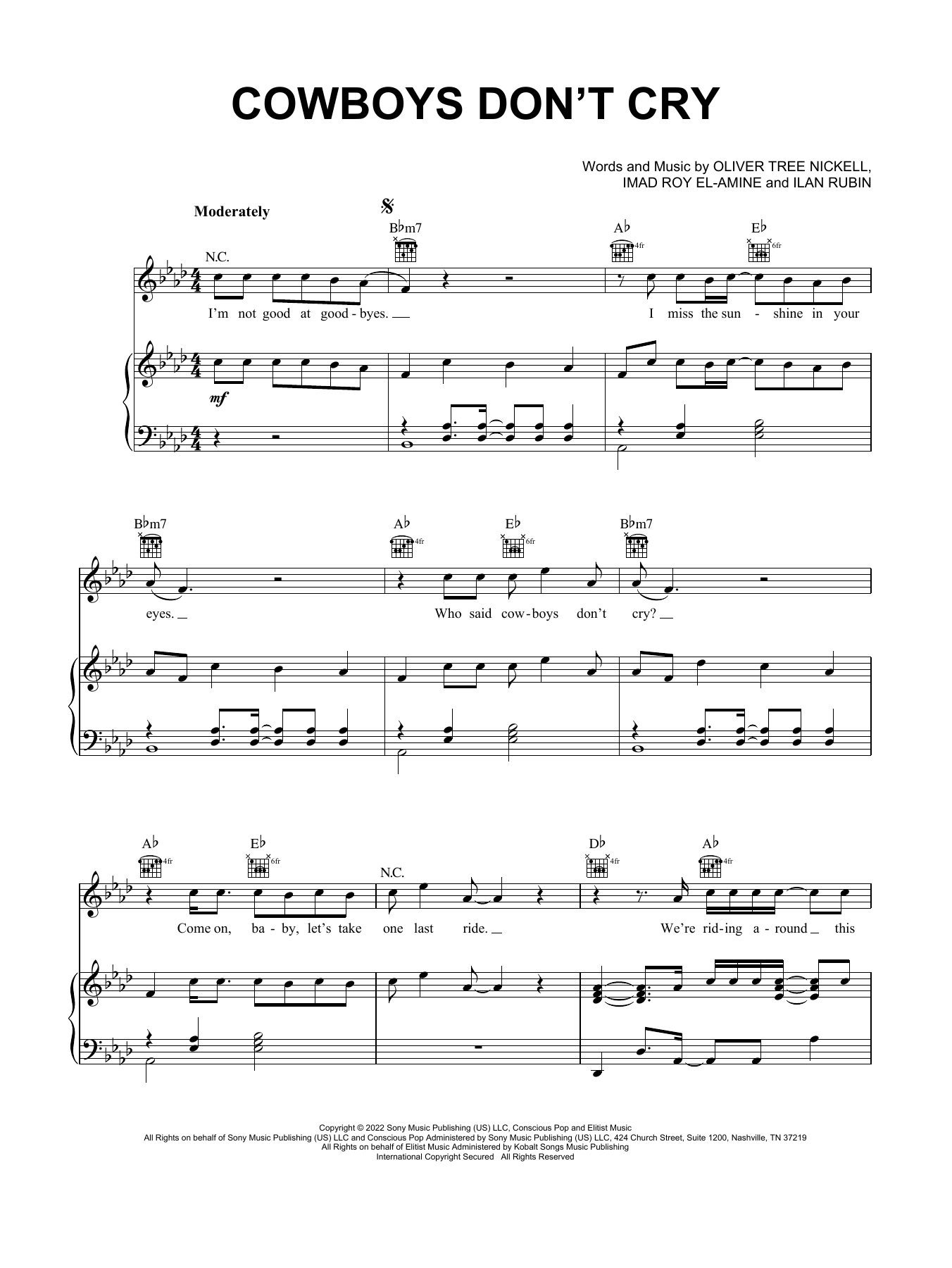 Oliver Tree Cowboys Don't Cry sheet music notes and chords arranged for Piano, Vocal & Guitar Chords (Right-Hand Melody)