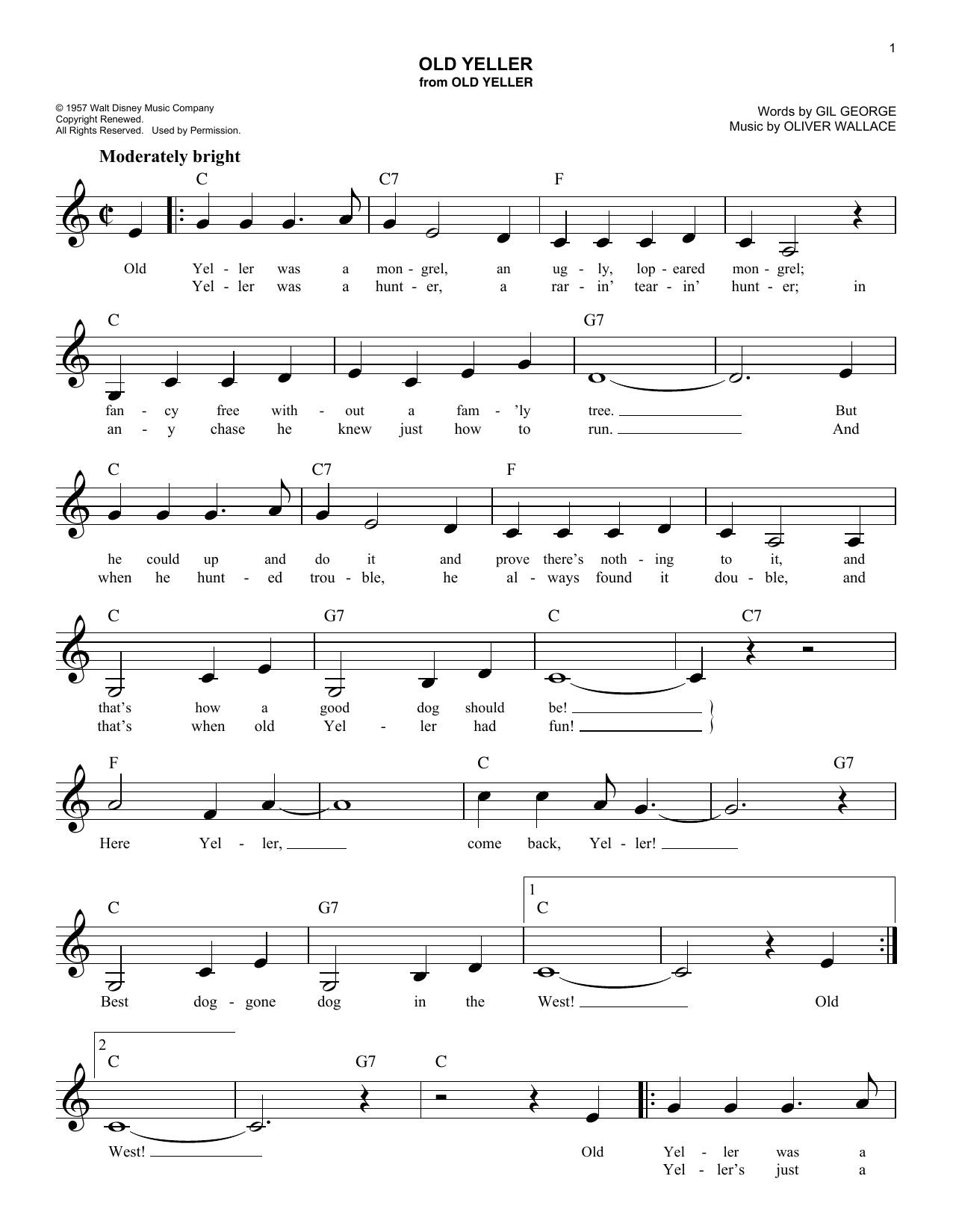 Oliver Wallace Old Yeller sheet music notes and chords. Download Printable PDF.
