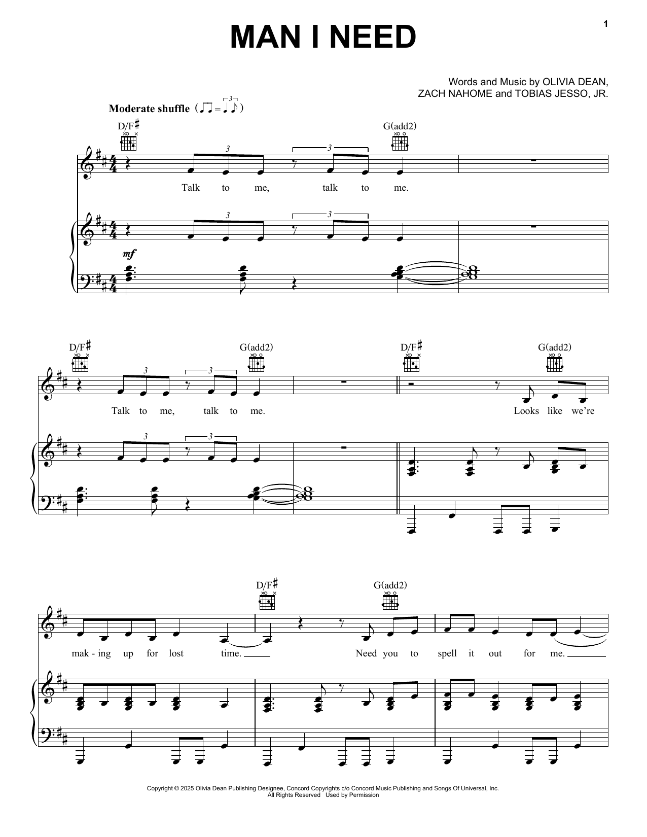 Olivia Dean Man I Need sheet music notes and chords arranged for Piano, Vocal & Guitar Chords (Right-Hand Melody)