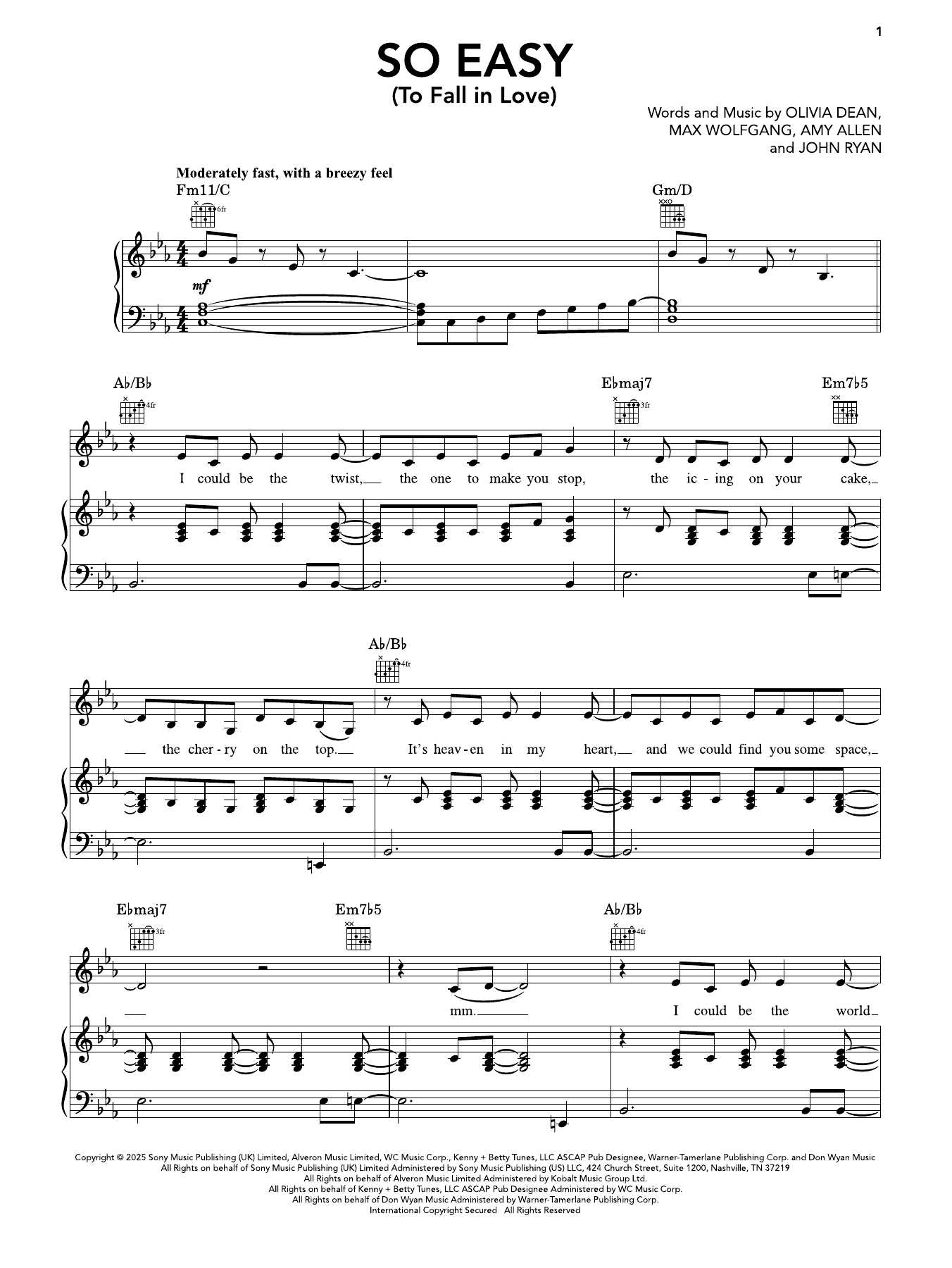 Olivia Dean So Easy (To Fall In Love) sheet music notes and chords arranged for Super Easy Piano