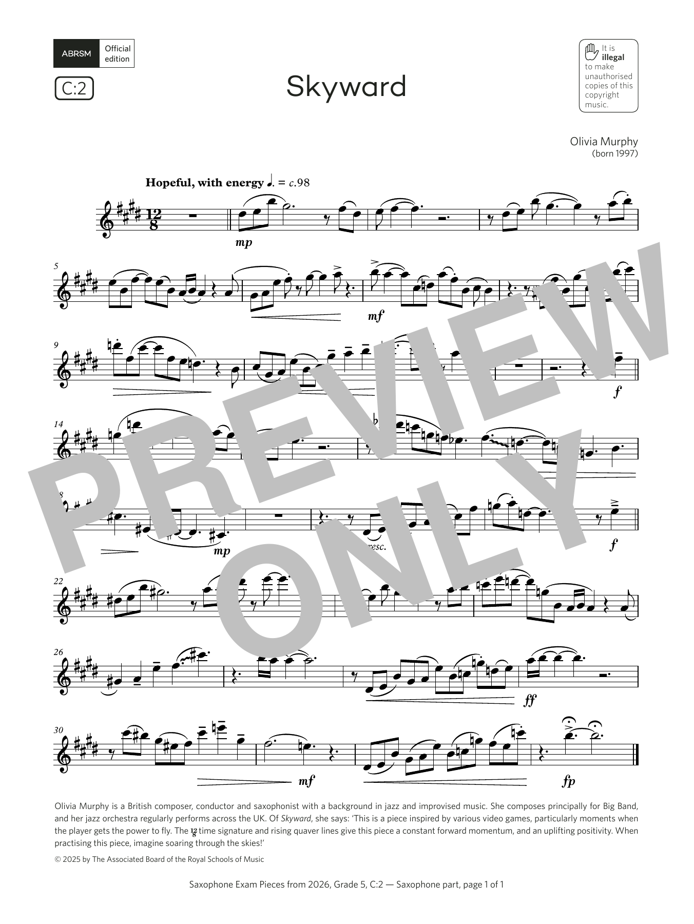 Olivia Murphy Skyward (Grade 5, list C2, from the ABRSM Saxophone Syllabus from 2026) sheet music notes and chords arranged for Alto Sax Solo