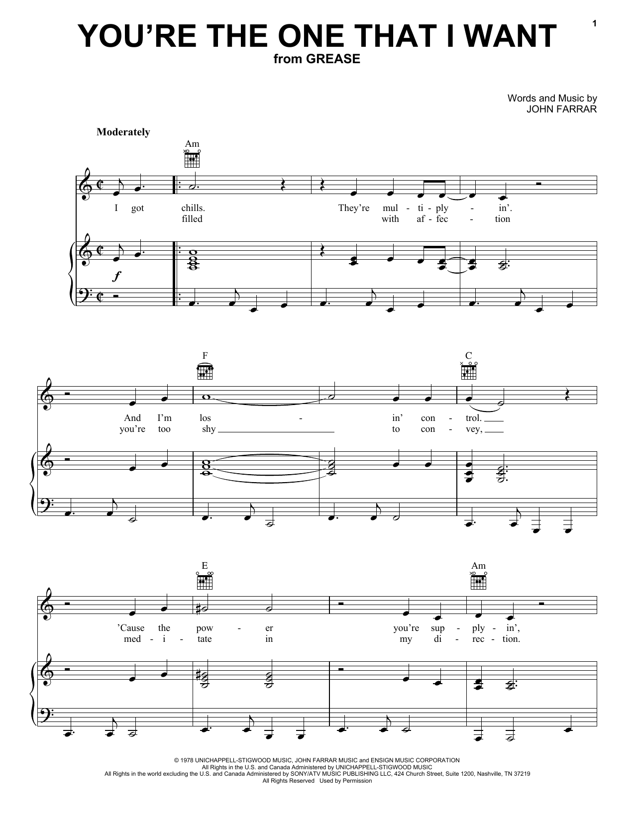 Olivia Newton-John & John Travolta You're The One That I Want (from Grease) sheet music notes and chords arranged for Piano, Vocal & Guitar Chords (Right-Hand Melody)