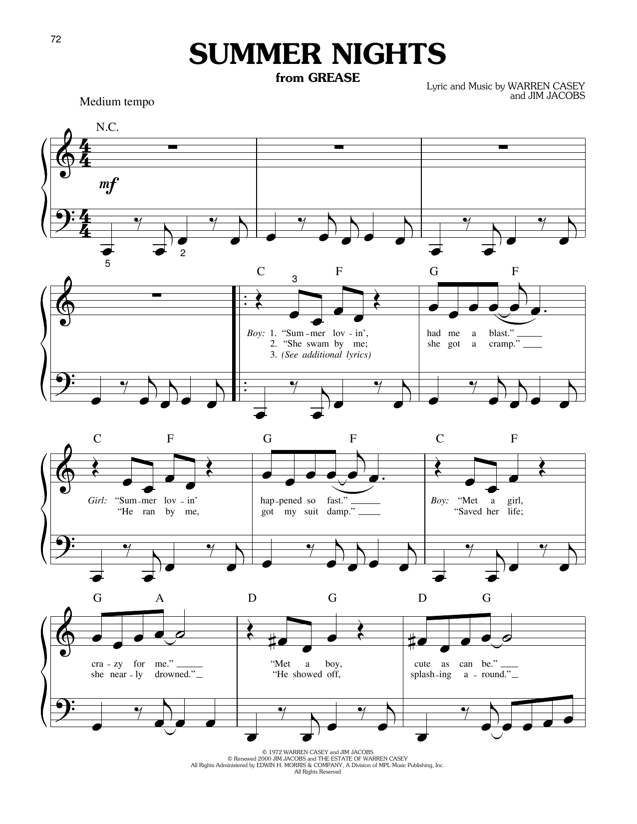 Olivia Newton-John and John Travolta Summer Nights (from Grease) sheet music notes and chords arranged for Big Note Piano