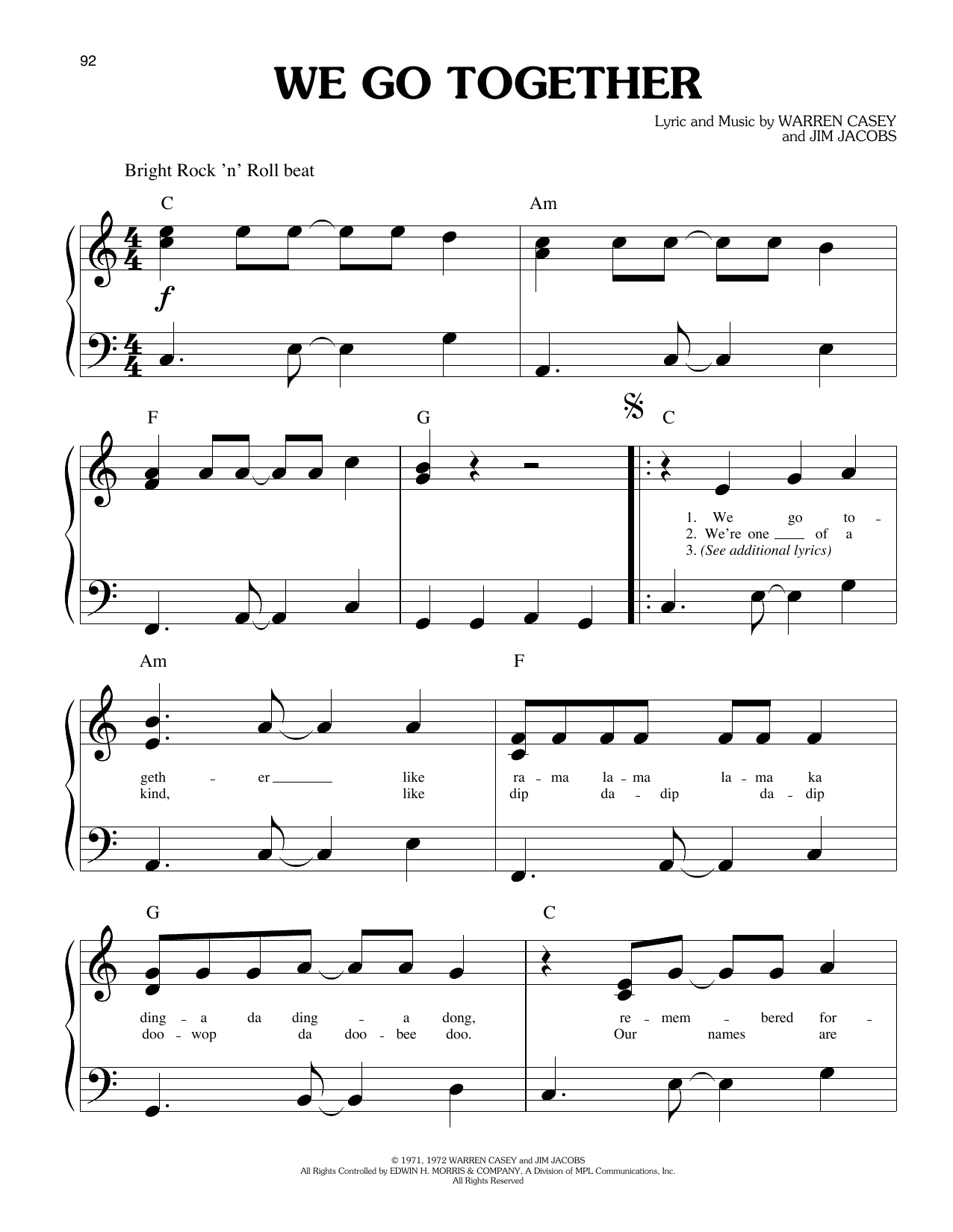 Olivia Newton-John and John Travolta We Go Together (from Grease) sheet music notes and chords arranged for Big Note Piano