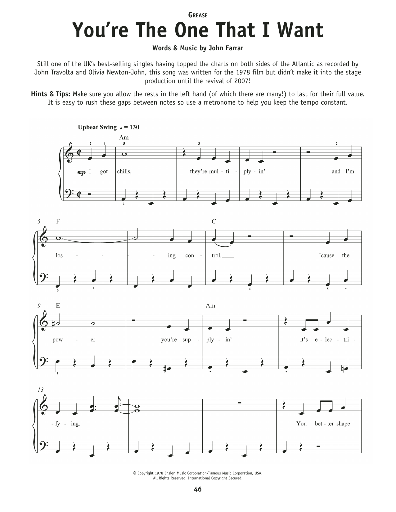Olivia Newton-John and John Travolta You're The One That I Want (from Grease) sheet music notes and chords arranged for Really Easy Piano