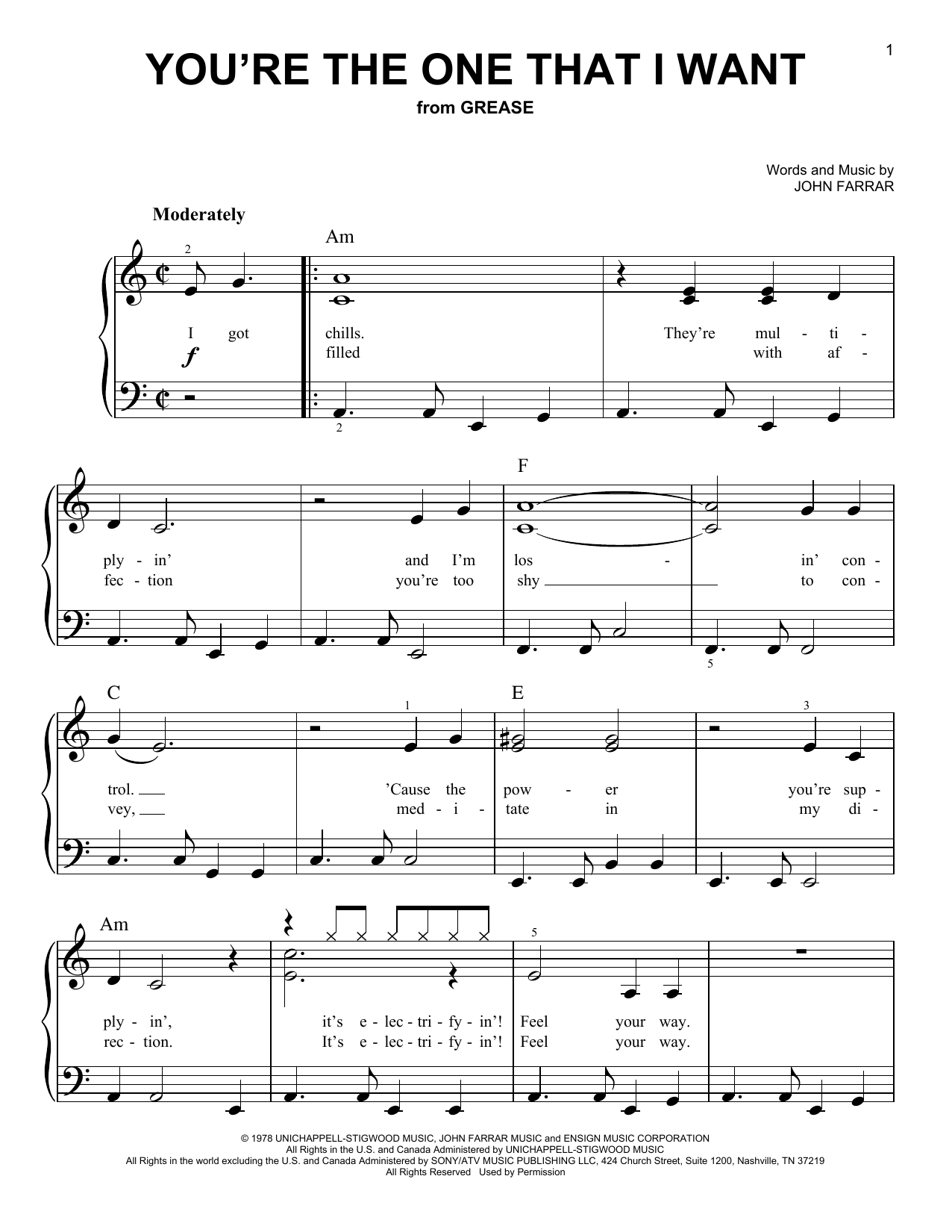Olivia Newton-John and John Travolta You're The One That I Want sheet music notes and chords arranged for Pro Vocal