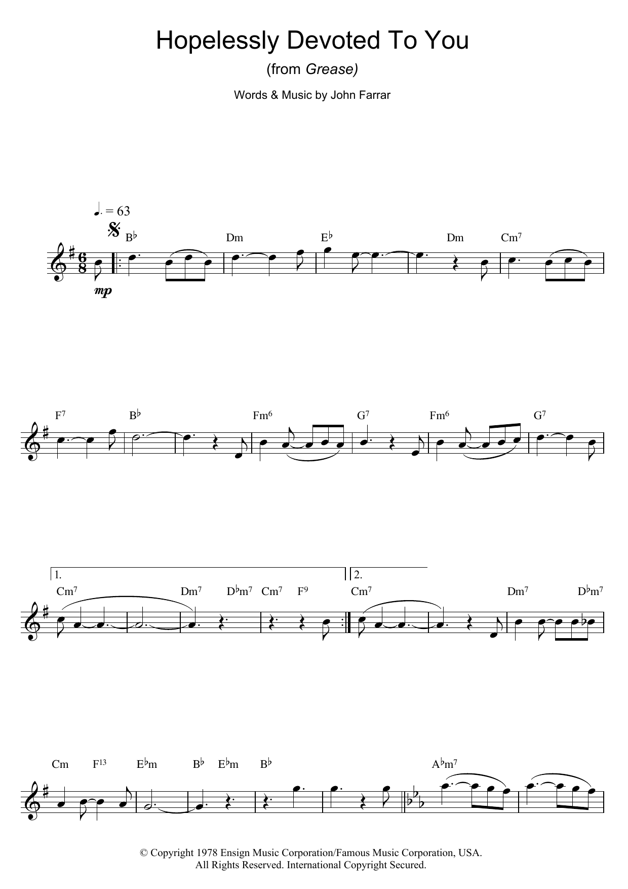 Olivia Newton-John Hopelessly Devoted To You (from Grease) sheet music notes and chords arranged for Trumpet Solo