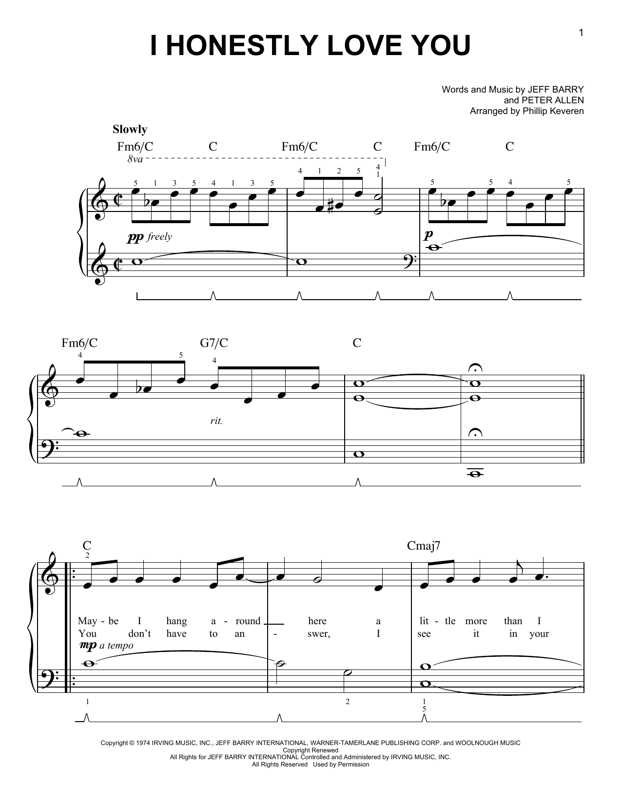 Olivia Newton-John I Honestly Love You (arr. Phillip Keveren) sheet music notes and chords arranged for Easy Piano